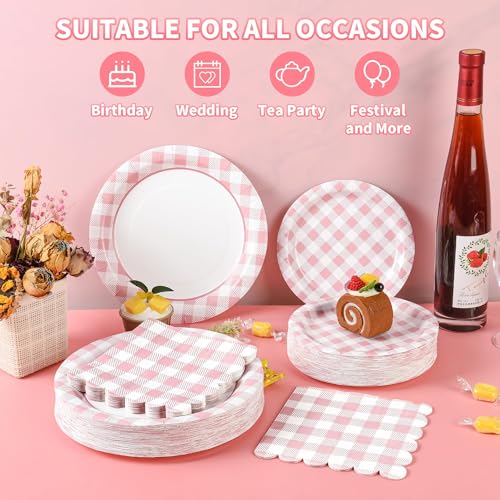 150 Pcs Pink Gingham Paper Plates and Napkins (150 Count)