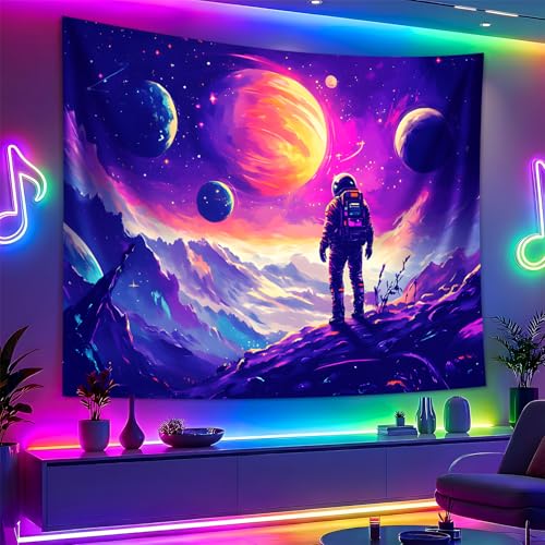 Blacklight Space Astronaut Tapestry UV Reactive Galaxy Planet Glow in Dark Tapestries Black Light Poster Neon Wall Hanging Art for bedroom Living Room