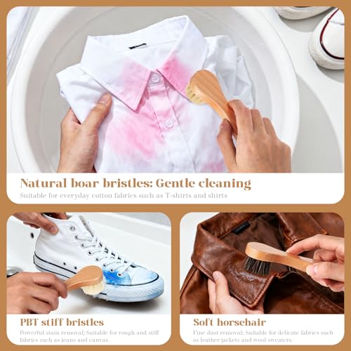3 Pcs Wooden Laundry Stain Brush Stain Remover Dauber Brushes with Round Head Boar Bristle Small Stain Brush for Clothes for Scrubbing Stains from Furniture Fabric Leather (3 Count)