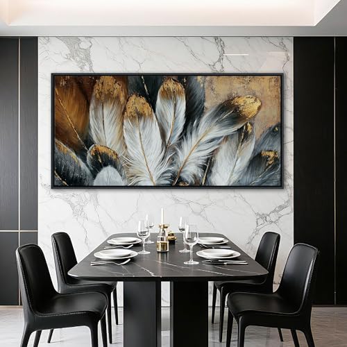 Framed Wall Art Modern Living Room Bedroom Wall Decoration Large Canvas Painting Artwork for Home Decor Gold Brown Feather Picture Ready to Hang 30x60 Size Black Framed