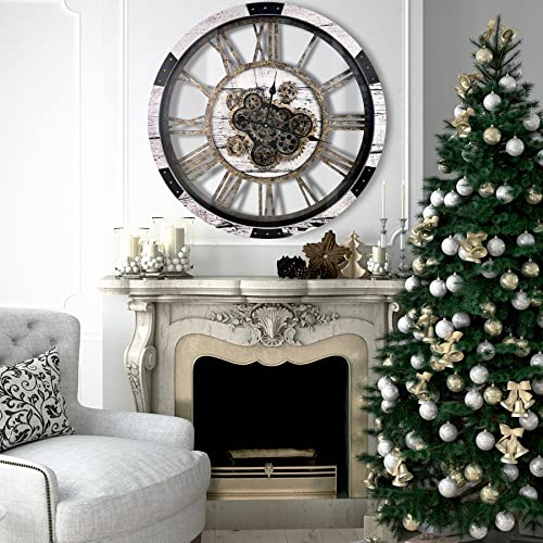 27 Inch Large Wall Clock Farmhouse Wooden Clock with Moving Gears HD Toughened Glass Cover