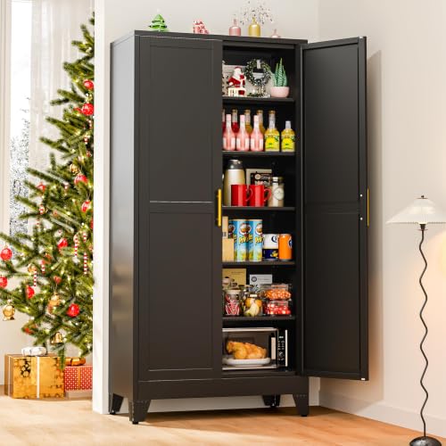 Metal Pantry Storage Cabinet with 2 Doors and 5 Adjustable Shelves