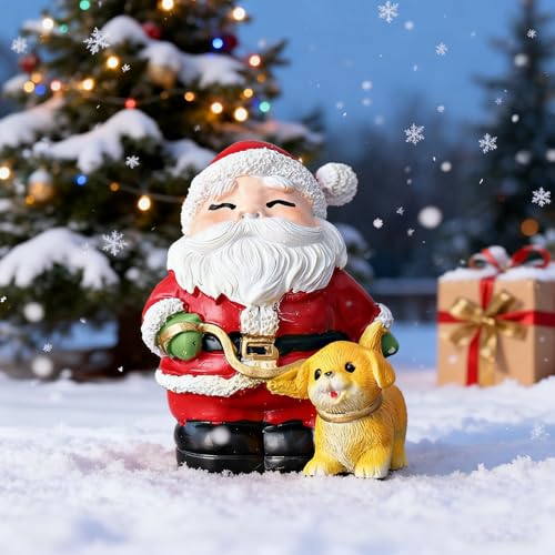 Christmas Santa Claus Figurine Xmas Table Ornaments Funny Statue Artificial Stone Material Sculpture Claus Walking a Dog Statue Christmas Decor for Birthday Party Gift Winter Home Holiday Decor
