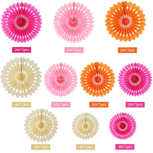 Honeycomb Round Paper Fans Pink Orange White Hanging Party Decor (12 Count)