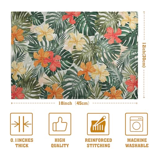 Tropical Palm Leaves Table Mats Set of 4 Summer Watercolor Hibiscus Flower Leaf Placement Mats for Dining Table Washable Non (4 Count)