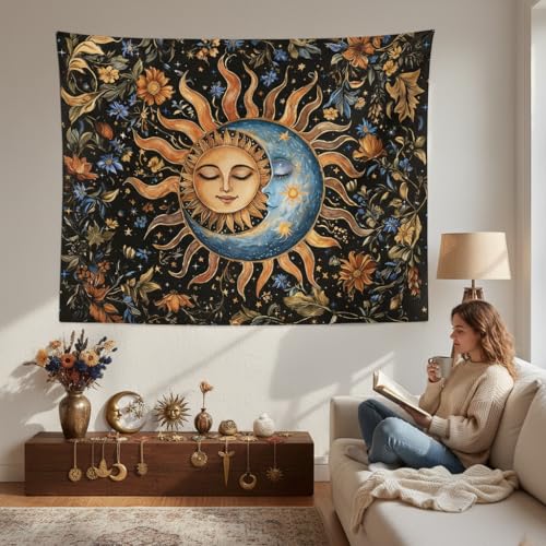 Sun and Moon Tapestry for Bedroom Boho Vintage Floral Hippie Wall Tapestry Aesthetic Retro Flower Plant Large Tapestries Wall Hanging for Living Room Dorm Decor 90 x 68 Inch