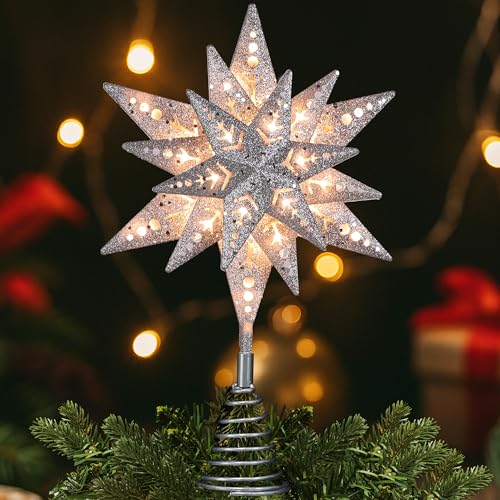 8 in Silver Glitter Snowflake Tree Topper with 25 Clear Lights