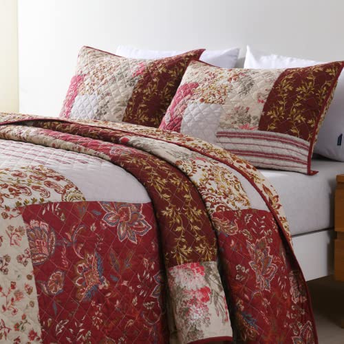 King Quilt Set Quilted Bedspread Country Farmhouse Cottage Vintage Ditsy Floral Paisley Style Reversible Lightweight Coverlet Set Real Patchwork Quilt for All Seasons