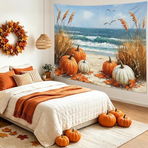 Coastal Fall Pumpkin Tapestry beach Landscape Wall Decor 80Wx60L Inch