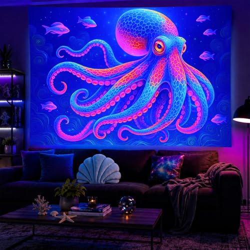 Blacklight Tapestry Octopus Ocean Glow Backdrop 78 x 59 Inch