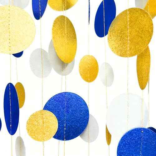 Royal Blue Gold White Party Polka Dot Garland Dark Blue Glitter Gold White Hanging Paper Circle Dots Streamer for Birthday Graduation Wedding Shower Retirement Nautical Party Decorations Supplies