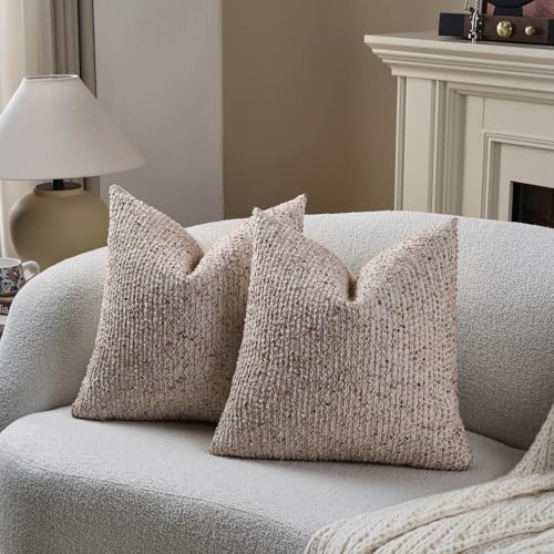 Striped Throw Pillow Covers 22x22 Set of 2 Beige Textured Boucle Chic Morden Boho Accent Farmhouse Square Decorative Couch Pillow Covers for Home Decor Bed Sofa Living Room (2 Count)
