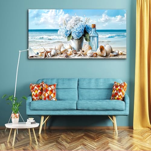 Romantic Beach Wall Art for Living Room Blue Shells Conch Vase Canvas Prints Modern Large Flower Bottle Bedroom Ocean Artwork Decor