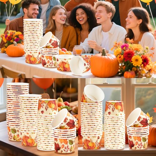 120 PCS Fall Paper Cups 12 oz Maple Leaves Pumpkin Snack Bowls Disposable Autumn Thanksgiving Dessert Cups for Fall Thanksgiving Halloween Harvest Party Snacks Candies Party Supplies (12 Count)