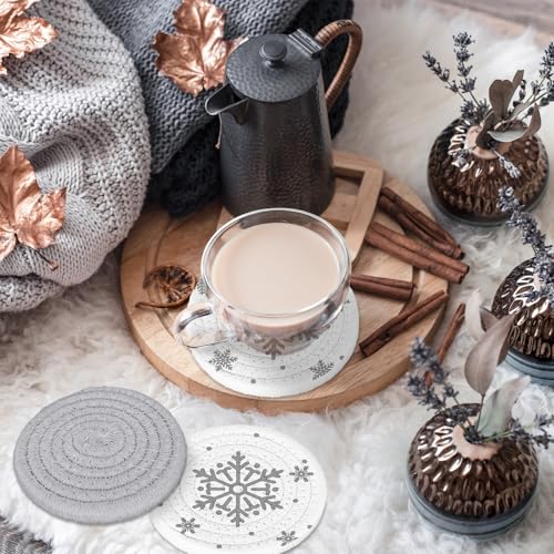 Winter Snowflake Handmade Braided Cotton Coasters Christmas Grey Snowflake Drink Coasters Absorbent Cup Coasters for Xmas Party Home Office Decor (4 Count)