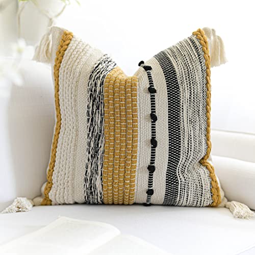 Yellow Mustard Decorative Throw Pillow Cover 20x20 Square Boho Accent Pillowcase Tassels Farmhouse Cushion for Couch Sofa Bedroom Living Room Home Décor Cover ONLY