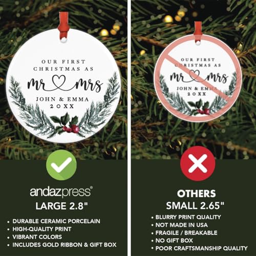 Personalized Our First Christmas As Mr. & Mrs. Christmas Ornaments Holly & Pine Wreath 2.8" Round Porcelain Ceramic Custom 1St Year Married Christmas Ornament 2026 for Newlyweds 1