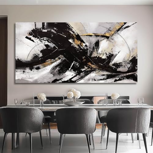 Abstract Wall Art for Living Room Canvas Wall Decor Large Artwork Black And Gold Wall Decorations Black Pictures for Wall 29"x58" (15 Count)