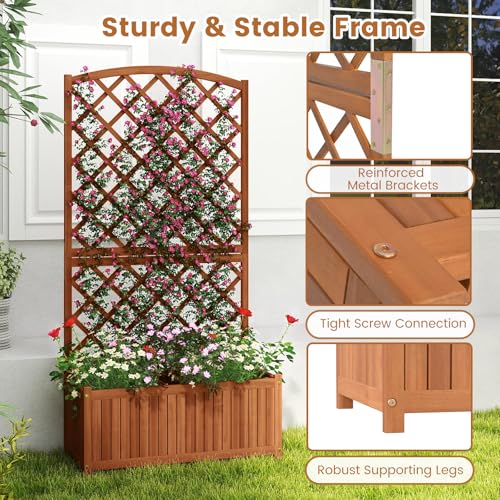 63" Wooden Raised Garden Bed with Trellis & Slat Bottom Base