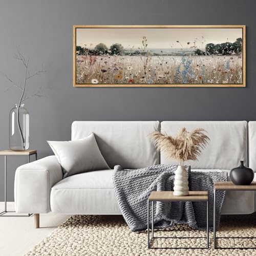 Large Framed Canvas Print Wall Art Wildflower Meadow Landscape Blooming Field Illustrations Antique Retro Fine Art Illustrations Decorative Colorful for Bedroom