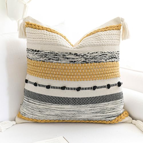 Boho Decorative Throw Pillow Cover 22x22 Square Yellow Mustard Accent Pillowcase Tassels Farmhouse Cushion for Couch Sofa Bedroom Living Room Home Décor Cover ONLY