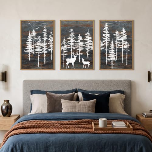 Vintage Pine Tree Deer Framed Canvas Wall Art Set