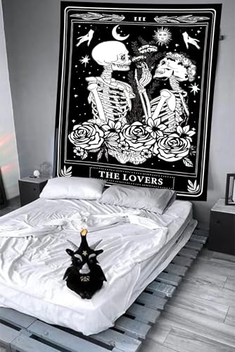 The Lovers Skull Tapestry Gothic Tapestry Vertical Black and White Skeleton Gothic Witch Sun Moon Floral Plant Snake Tapestries Wall Hanging Decor for Bedroom Dorm Room 60 x 80 Inches