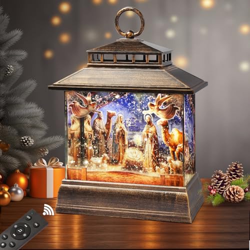 Christmas Snow Globe Lantern Water Glittering Lantern with 8 Songs & 6H Timer Romote Control Christmas Snow Globes USB & Battery Operated for Christmas Festival Decorations Gifts