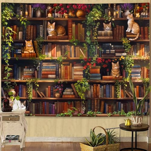 Plant Cat Bookshelf Tapestry Botanical Floral Flower Cats Book Tapestries Wall Hanging Vintage Library Small Tapestry for Bedroom Living Room Dorm 60 x 44 inch