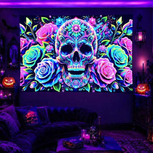 Blacklight Tapestry Floral Skull Room Decor 78 x 59 Inch