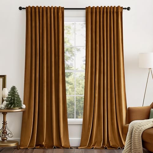 Fall Golden Brown Velvet Blackout Curtains Pinch Pleat 52" Wx96 L (2 Count)