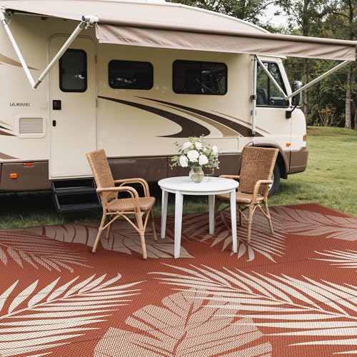 Outdoor Rug Waterproof Plastic Rugs 10'x14' for Camping Brick Red (140 Sq Ft)