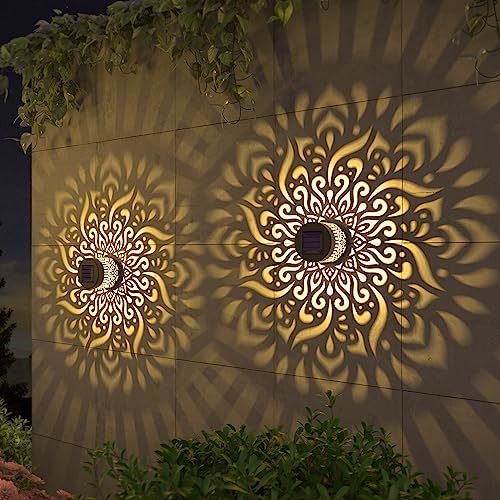 2 Pack Solar Fence Lights Metal Solar Powered Outdoor Deck Step Wall Lights Mandala Theme Waterproof Fence Light for Garden Post Patio Backyard Yard Decor (2 Count)