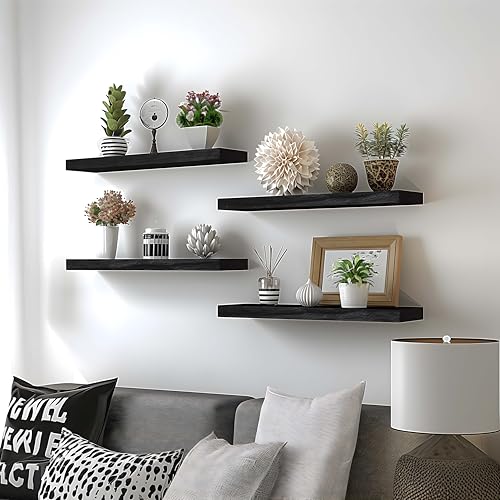 Black Wood Floating Shelves for Wall Rustic Wall Shelves for Bedroom Set of 6 (6 Count)