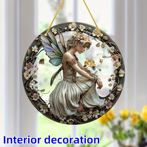 Flower Fairy Garden Decorations Angel Wing Christmas Halloween Deco Statue Art Elf Sculpture Hanging Craft for Outdoor Yard Courtyard Lawn Patio Window Acrylic Ornament Home Gift
