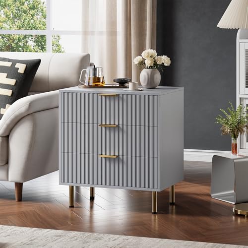 Fluted Grey 3 Drawer Dresser for Bedroom with Deep Drawers