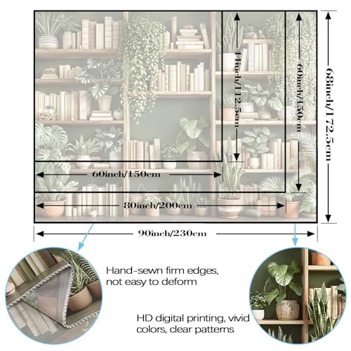 Green Plant Bookshelf Tapestry Botanical Bookshelf Tapestries Wall Hanging Modern Potted Plants Bookshelf Backdrop Extra Large Tapestry for Bedroom Living Room Dorm 90 x 68 inch