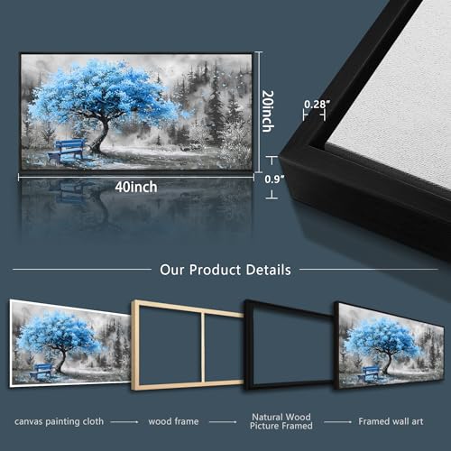 Black Framed Canvas Wall Art For Living Room Wall Decor For Bedroom Office Wall Decoration Blue Tree Landscape Painting Black And White Picture Artwork Room Aesthetic Home Decor 20x40 In