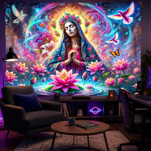 Virgin Mary Psychedelic Floral Art Blacklight Tapestry 78x59 Inch