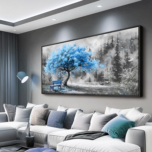 Black Framed Canvas Wall Art For Living Room Wall Decor For Bedroom Office Wall Decoration Blue Tree Landscape Painting Black And White Picture Artwork Room Aesthetic Home Decor 20x40 In