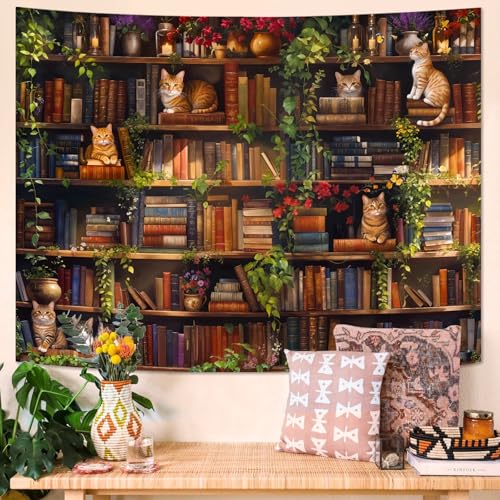 Plant Cat Bookshelf Tapestry Botanical Floral Flower Cats Book Tapestries Wall Hanging Vintage Library Small Tapestry for Bedroom Living Room Dorm 60 x 44 inch