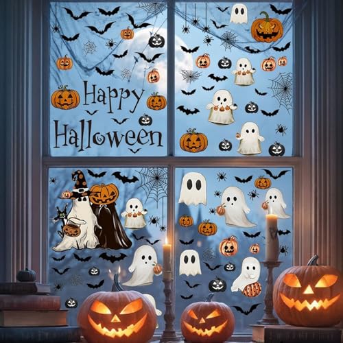 Halloween Ghost Window Clings for Glass 6 Sheets Cute Window Decals Spooky Window Stickers Pumpkin Spider Windows Cling for Halloween Fall Party Home School Office Glass Supplies Decorations (6 Count)