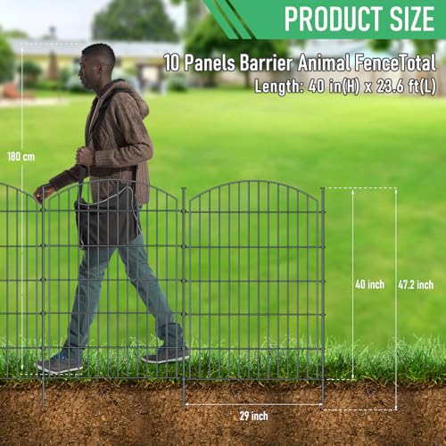 10 Panel No Dig Metal Garden Fence 40"H x 23.6'L Dog Fence Outdoor for Yard