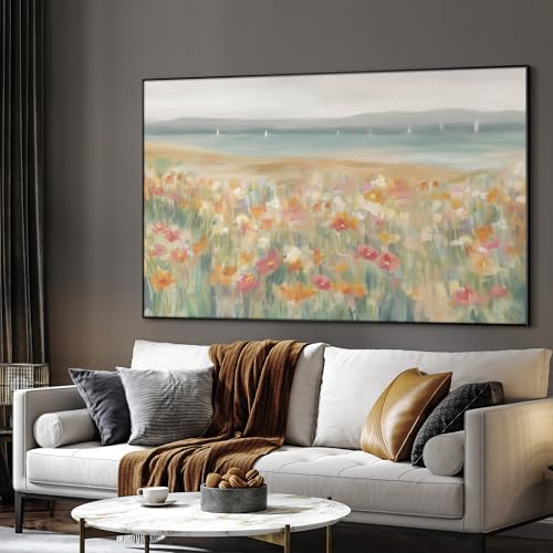46"x72" Extra Large Framed Wall Art Coastal Flower Field with Sailing Boats Serene Landscape Illustration for Home Living Room Bedroom Decor