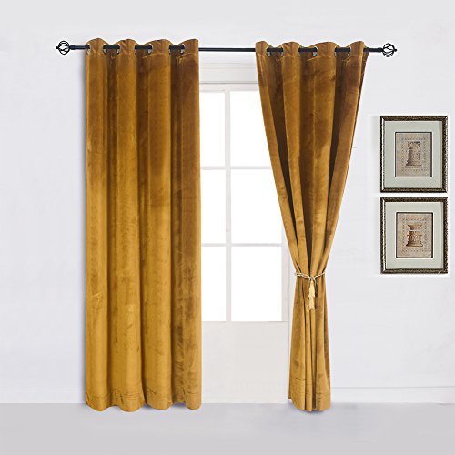 Super Soft Luxury Velvet Warm Yellow Blackout Velvet Energy Efficient Grommet Curtain Panel Drapes Ginger Mustard Curtain Panels 52Wx72L