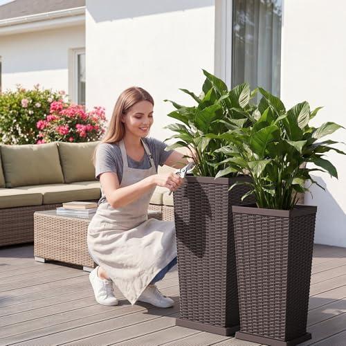 24" Front Porch Resin Rattan Tall Planters 2 Pack (2 Count)