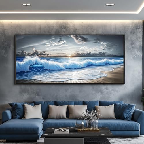 Wall Art Blue Ocean Wave Scenery Painting 32"X72" Black Frame