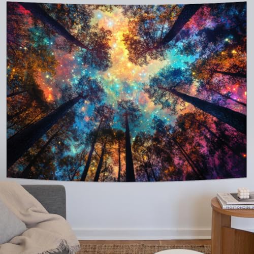 Colorful Forest Tapestry Nature Landscape Tapestry Mysterious Sky Tapestries Psychedelic Aesthetic Starry Night Tapestries Trippy Galaxy Space Wall Hanging Decor for Home