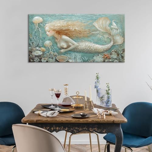 Ocean Mermaid Wall Art for Girls Room Modern Canvas Prints Marine Organism Underwater World Sea Creatures Artwork Paintings Women Bedroom Wall Decor