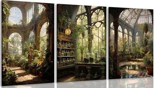 3pcs Framed William Morris Green Plants Canvas Wall Art Medieval Castle Posters Prints Gothictalian Landscape Painting Pictures Paintings Wall Decor for Living Room Bathroom Bedroom Decoration (3 Count)